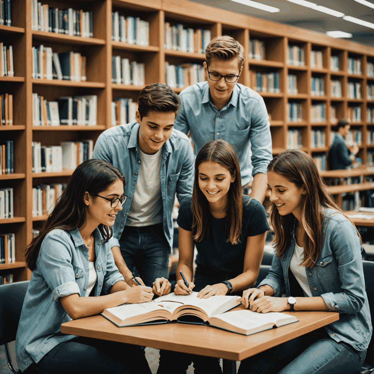 Grupa studentów dyskutujących nad otwartymi książkami w nowoczesnej bibliotece, symbolizująca najnowsze trendy w edukacji